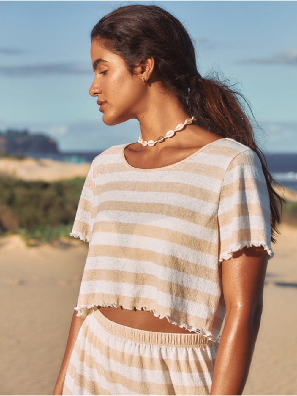 Billabong Striped Cropped Tee in White and Beige
